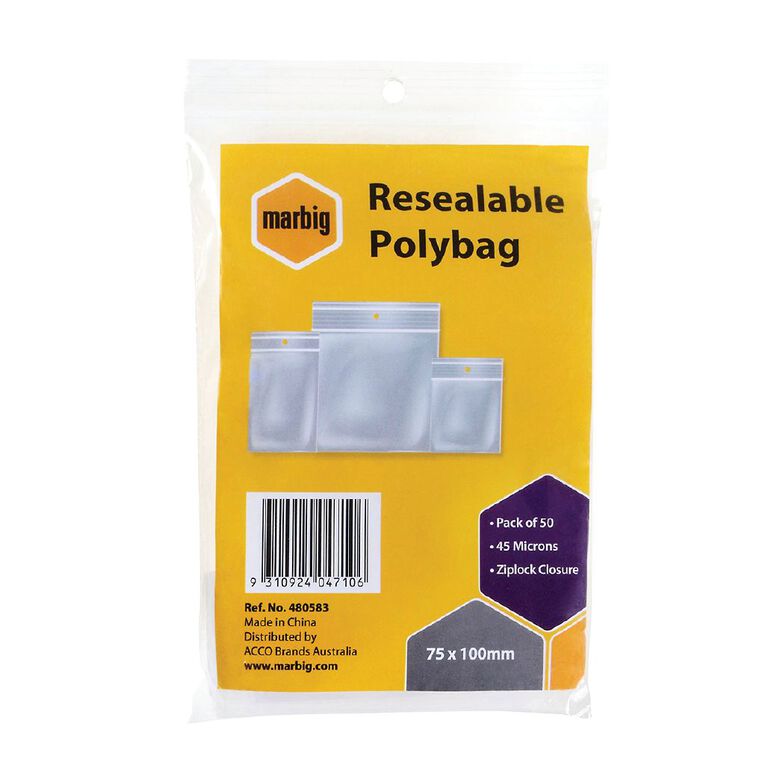 Marbig Resealable Polybags 75x100mm 50 Pack, , hi-res