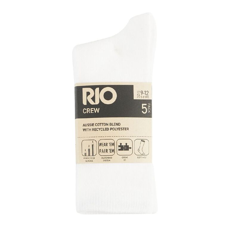 Rio Kids' School Crew Socks 5 Pack White | The Warehouse