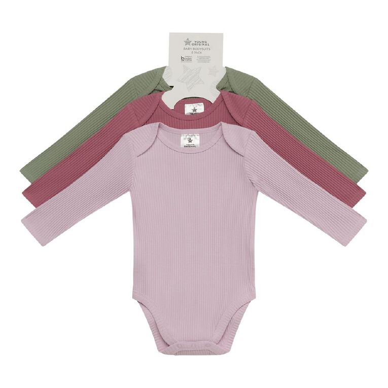 Young Original Babys' Long Sleeve Rib Bodysuit 3 Pack, Pink Mid HEATHER , hi-res