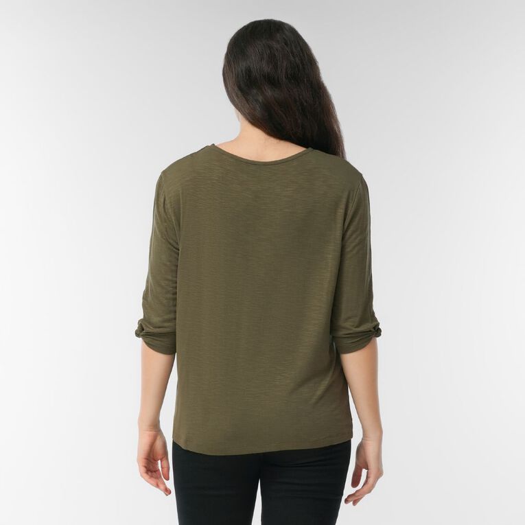 H&H Women's 3/4 Sleeve Knot Detail Top, Green Mid, hi-res