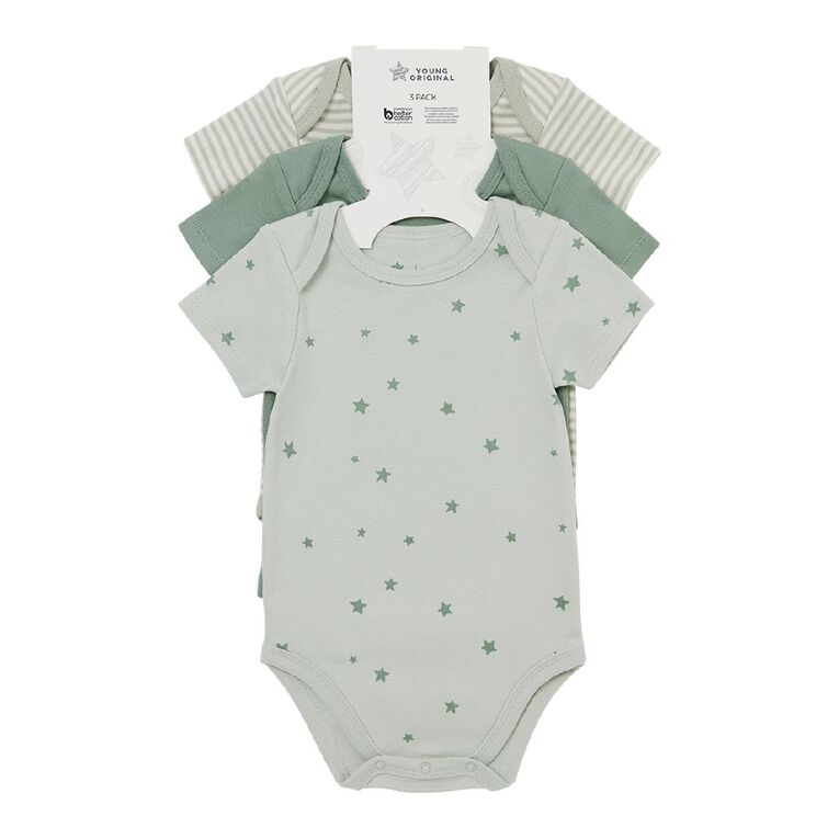 Young Original Baby Short Sleeve Printed Bodysuit 3 Pack, Green Light, hi-res