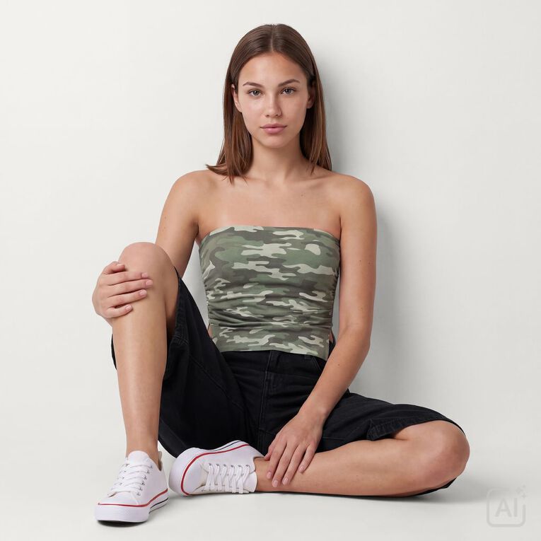 Garage Women's Contour Printed Ruched Bandeau, Green, hi-res