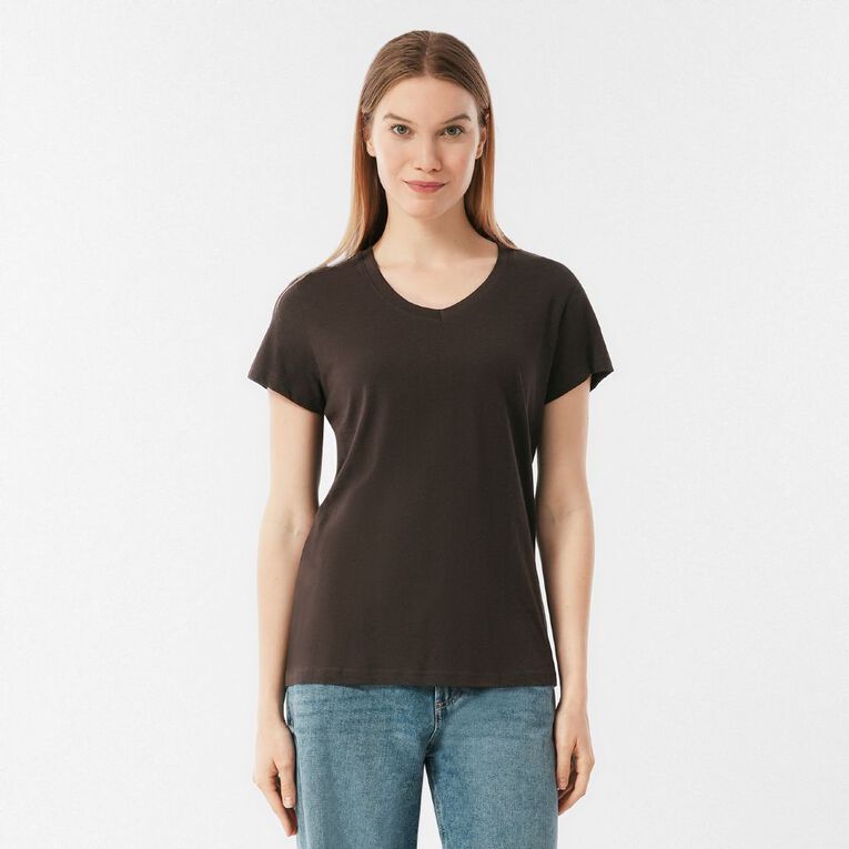 H&H Women's Short Sleeve V-Neck Tee, Brown Dark, hi-res