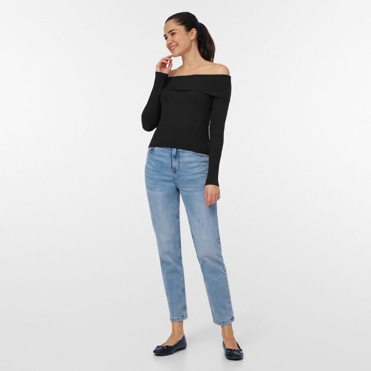 H&H Women's Long Sleeve Rib Bardot Top, Black, hi-res