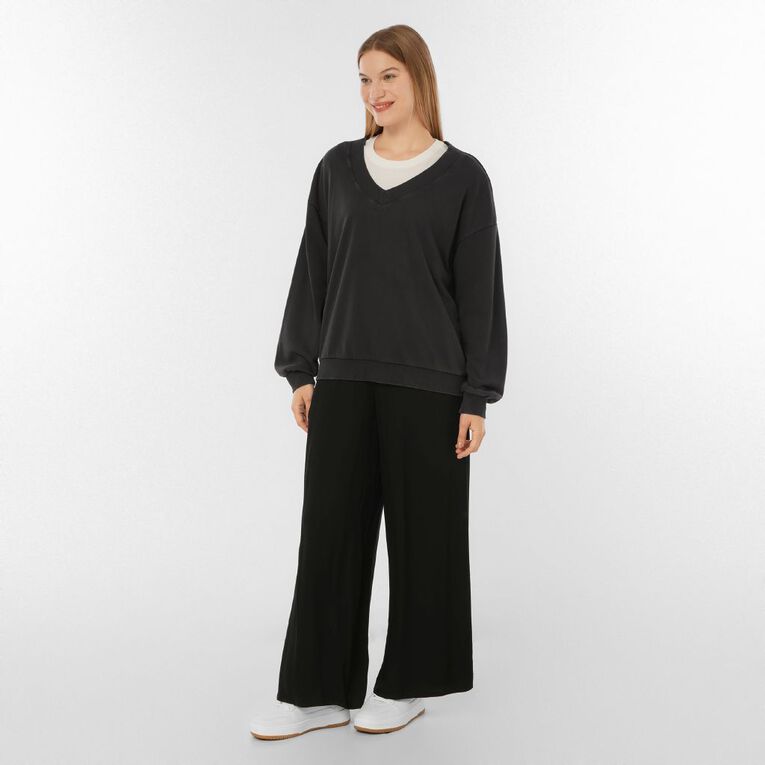 H&H Women's Long Sleeve V Neck Terry Crew, Brown Dark, hi-res