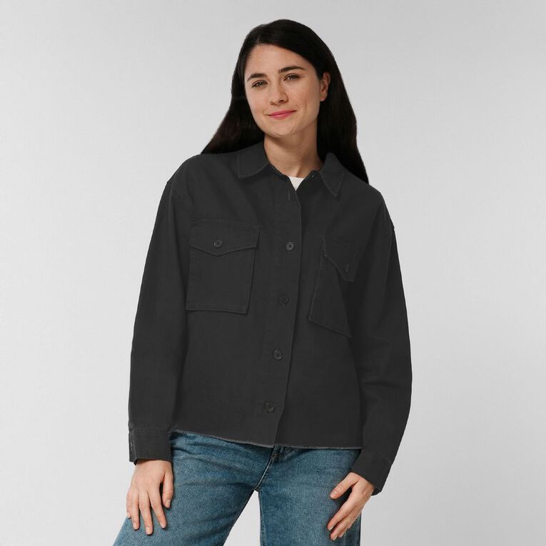 H&H Women's Long Sleeve Boxy Utility Shirt, Grey Dark, hi-res