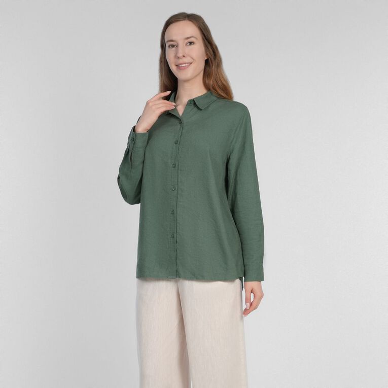 H&H Women's Long Sleeve Essential Linen Blend Shirt, Green Dark, hi-res