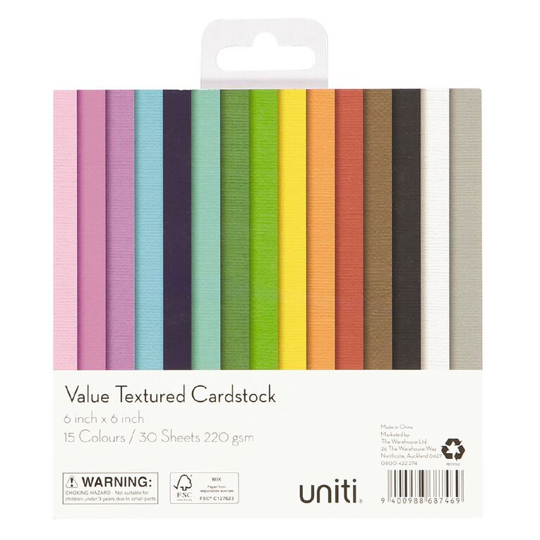 Uniti Value Cardstock Textured 30 Sheets Assorted 6in x 6in, , hi-res