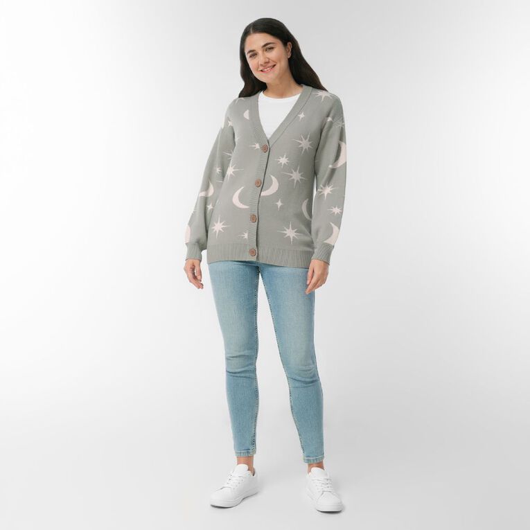 H&H Women's Star Jacquard Cardigan, Green Mid, hi-res