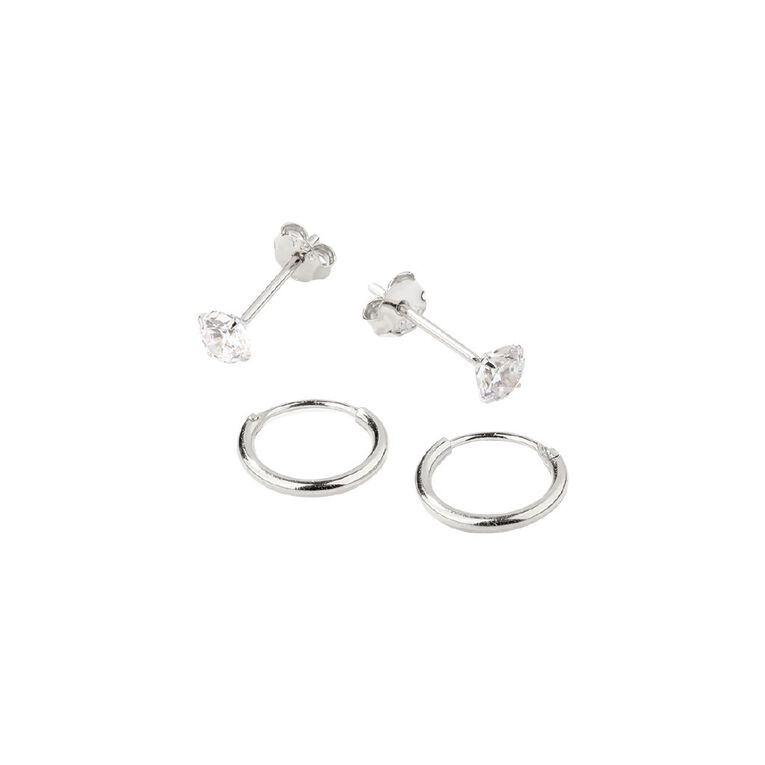 Sterling Silver CZ Sleeper Earrings 2 Pack, , hi-res