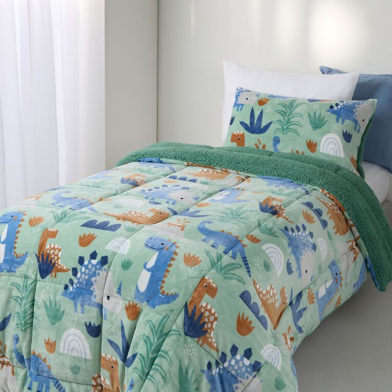 Living & Co Kids Plush Comforter Set Sherpa Reverse Dinosaur Green, , hi-res