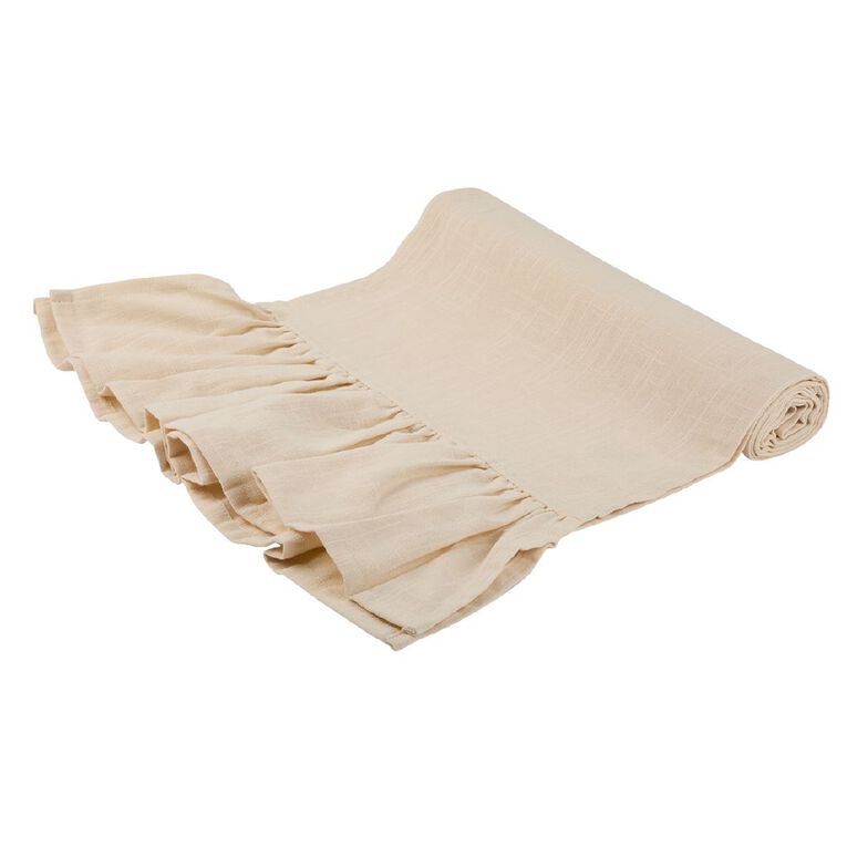 Living & Co Washed Cotton Ruffle Edged Table Runner Cream, , hi-res