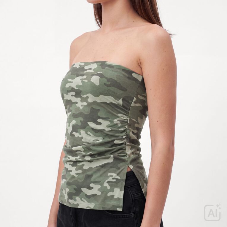 Garage Women's Contour Printed Ruched Bandeau, Green, hi-res