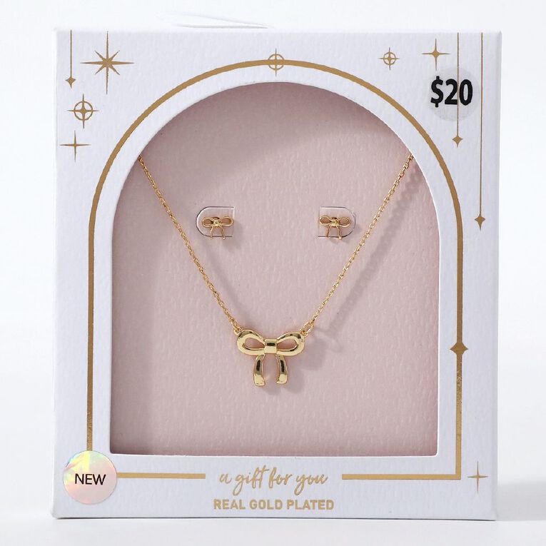 Bow Earrings & Necklace Set Gold Plated, , hi-res