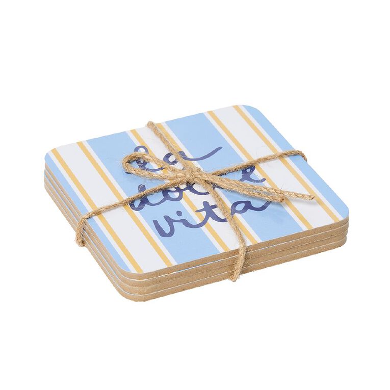 Living & Co Dolce Summer Lemon Square Coaster Blue/White 4 Pack, , hi-res
