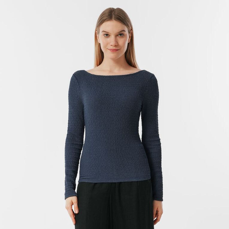 H&H Women's Long Sleeve Textured Knit Top, Blue Mid, hi-res