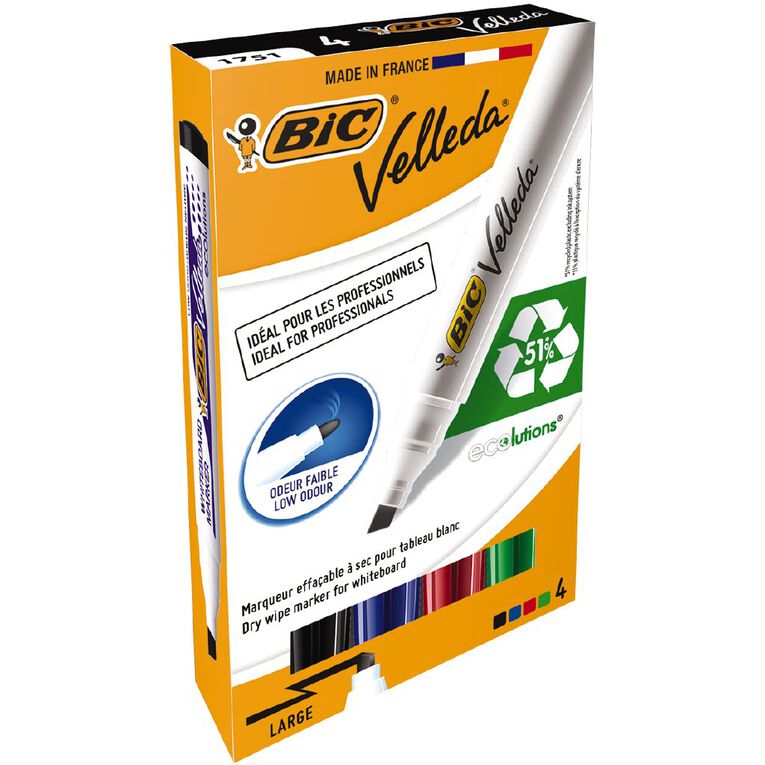 Bic Velleda Whiteboard Marker Chisel Tip Assorted 4 Pack, , hi-res