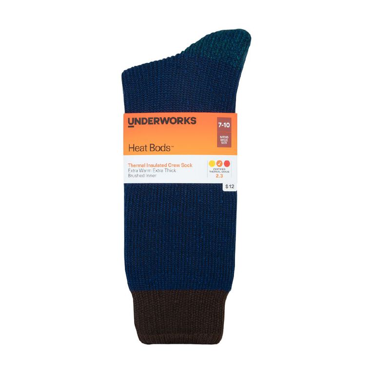 Underworks Men's Heat Bods Brushed Crew Socks 1 Pack, Navy, hi-res