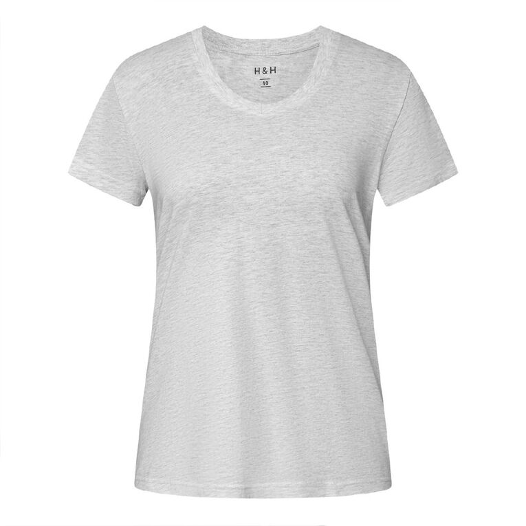 H&H Women's Short Sleeve V-Neck Cotton Tee, Grey Marle, hi-res