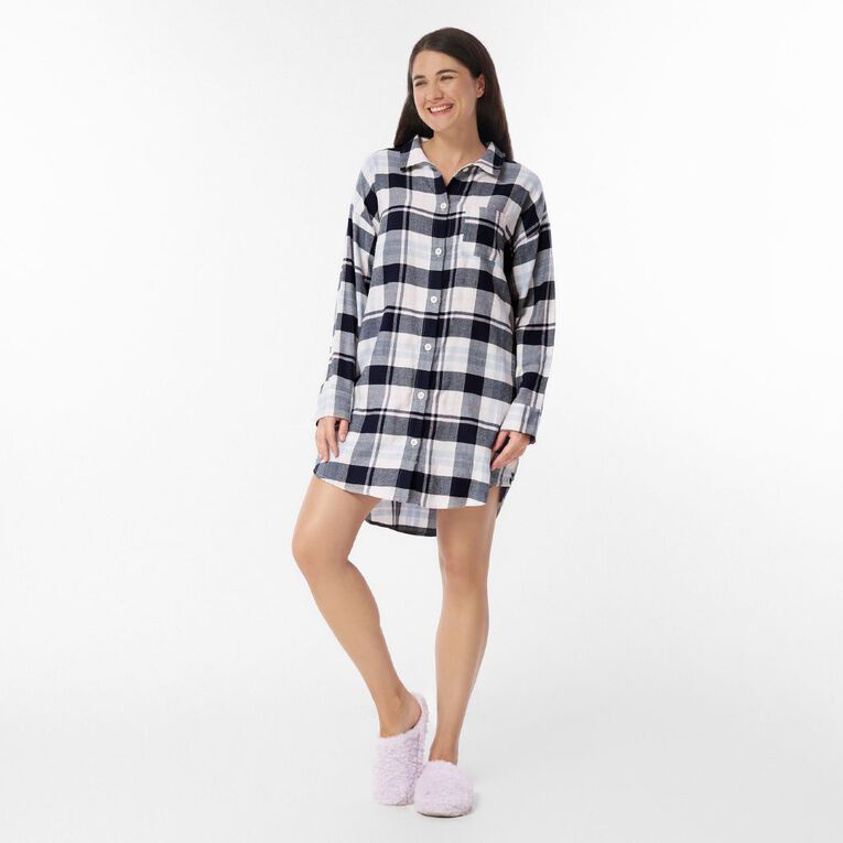 H&H Women's Flannelette Boyfriend Nightie, Blue Dark, hi-res