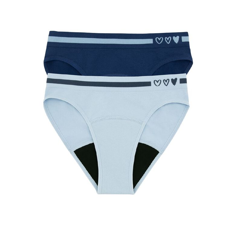 Love Luna Teen First Period Seamfree Bikini Briefs 2 Pack, Blue/Navy, hi-res