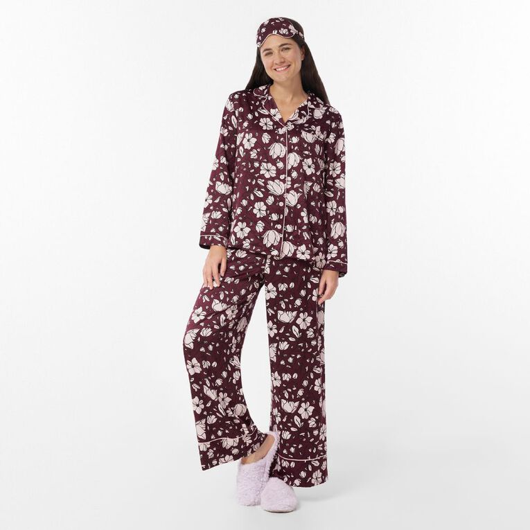 H&H Women's Satin Pyjama Set with Eye Mask, Red Mid, hi-res