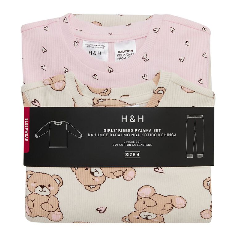 H&H Girls' Waffle Long Sleeve Pyjama 2 Pack, White, hi-res