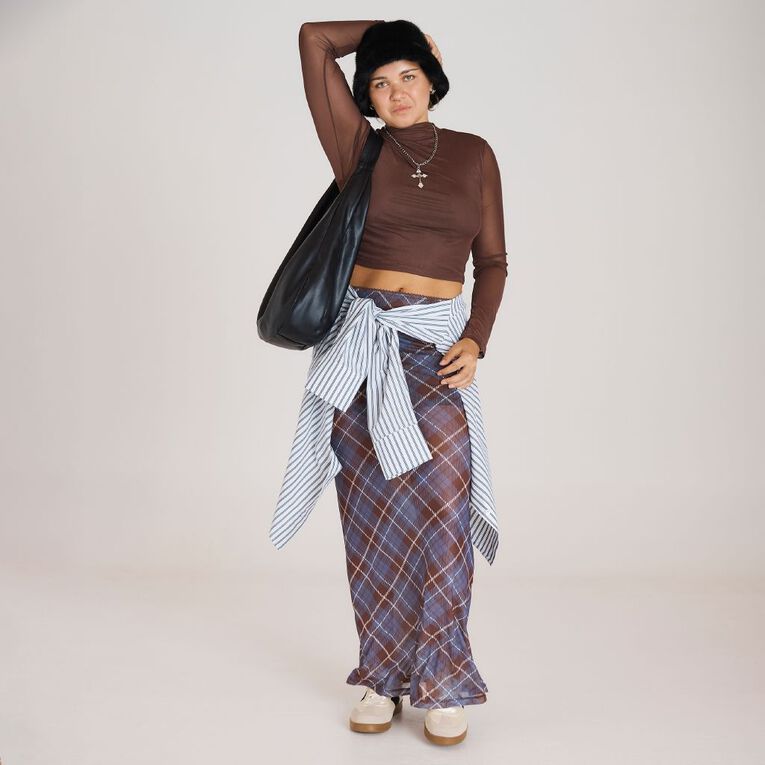 BRDRLESS Blake Crop Mesh Long Sleeve Top, Brown Dark, hi-res