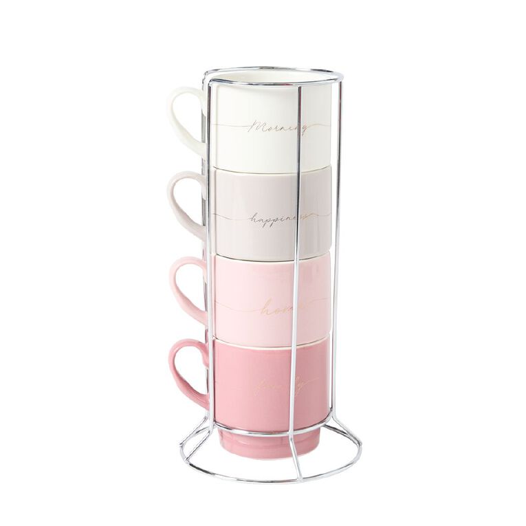 Living & Co Stackable Mugs with Stand Pink 4 Pack, , hi-res