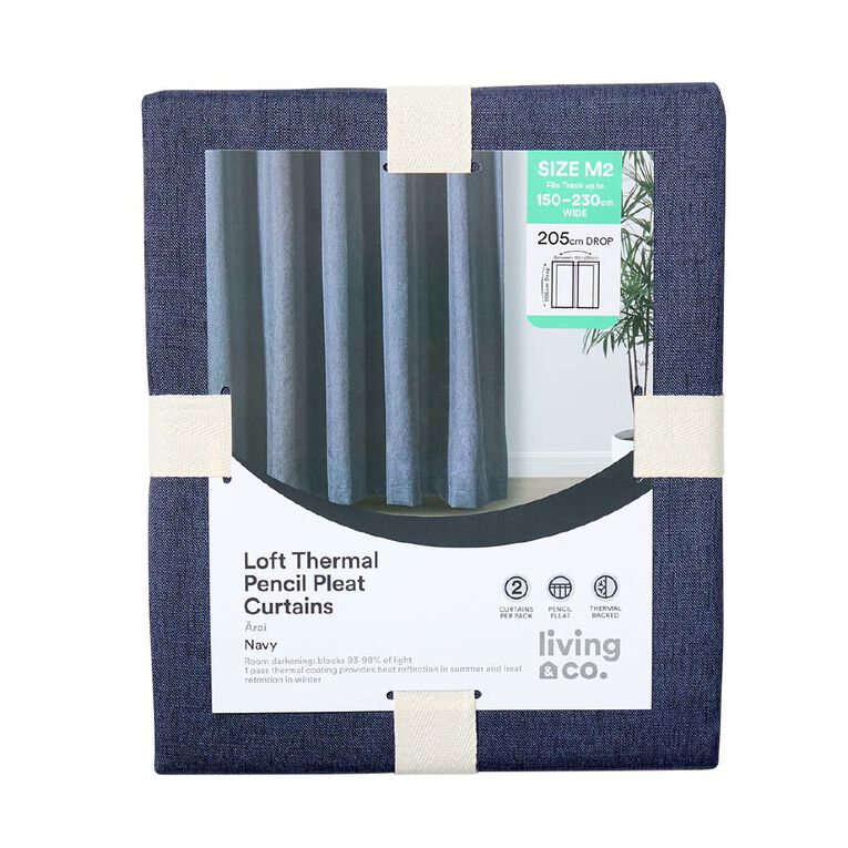 Living & Co Loft Curtains Navy 150-230cm Wide/205cm Drop, , hi-res