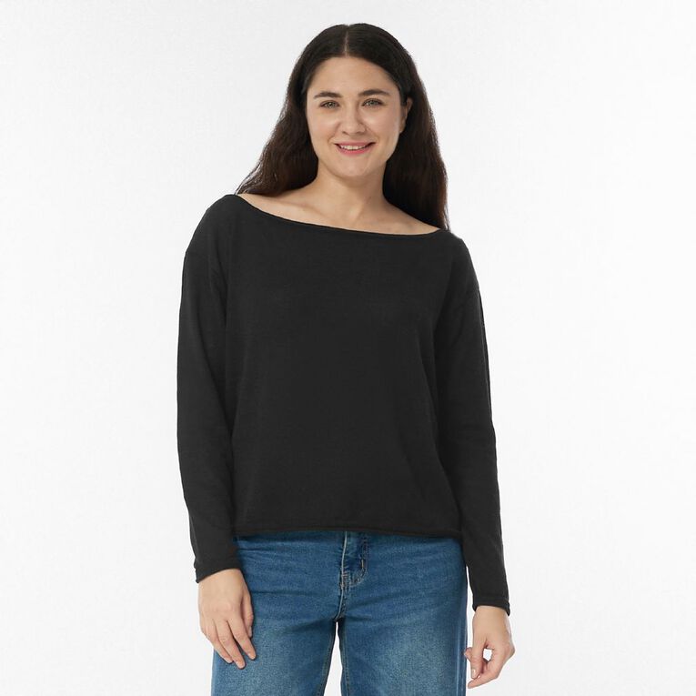 H&H Women's Off Shoulder Long Sleeve Knit, Black, hi-res