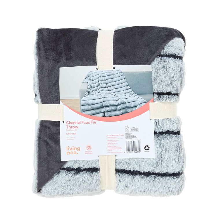Living & Co Channel Faux Rabbit Fur Throw Charcoal 127cm x 152cm, Charcoal, hi-res