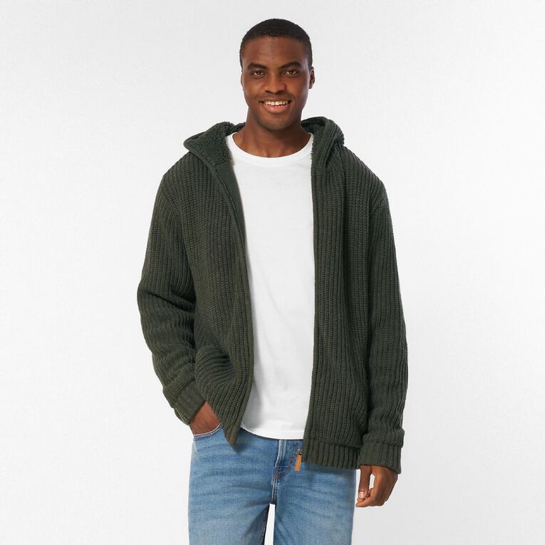 H&H Men's Sherpa Lined Zip Through Knitwear, Khaki, hi-res