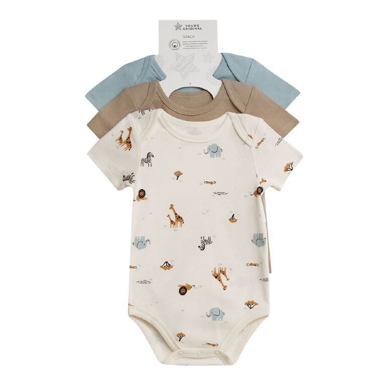 Young Original Babies' Short Sleeve Printed Bodysuit 3 Pack, Brown Light, hi-res