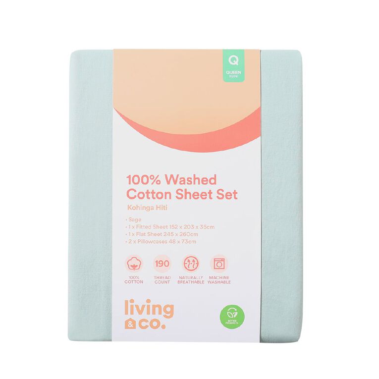 Living & Co 100% Washed Cotton Sheet Set Sage Queen, Sage, hi-res