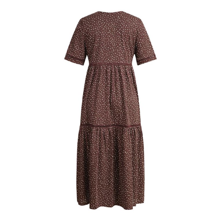 H&H Women's Crew Neck Slub Tiered Midi Dress with Lace Trim, Brown Dark, hi-res