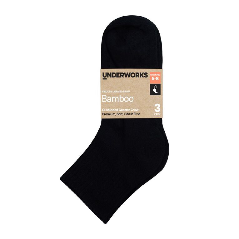 Underworks Women's Bamboo Quarter Crew Socks 3 Pack, Black, hi-res