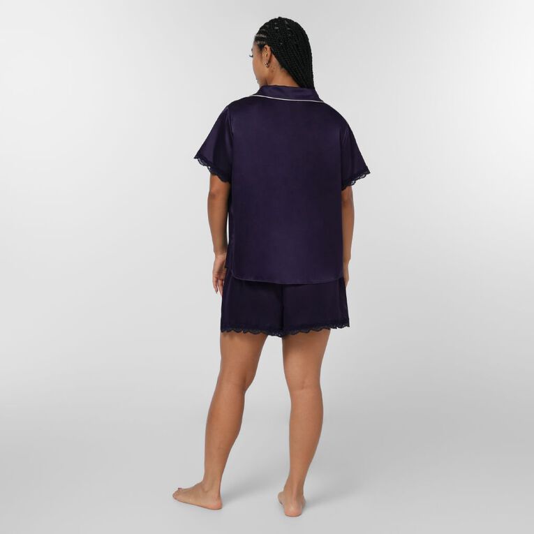 H&H Women's Satin Button Up Short Sleeve Pyjama Set, Blue Dark, hi-res