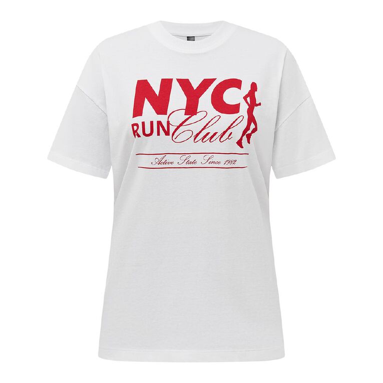 H&H Women's Short Sleeve Boyfriend Graphic Tee, White NYC RUN, hi-res