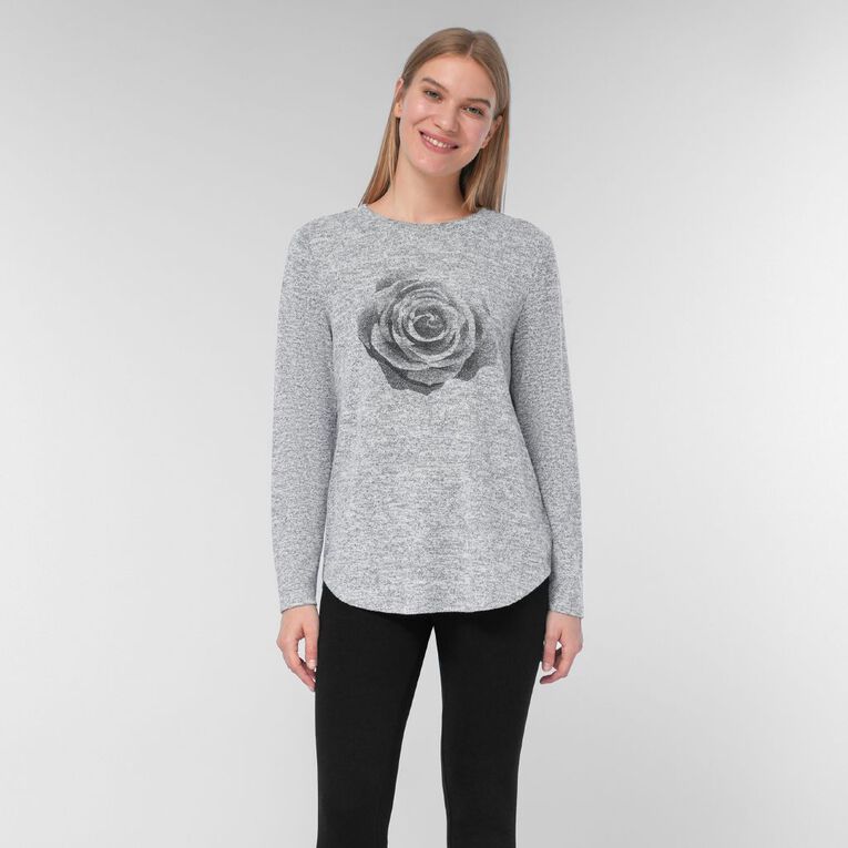 H&H Women's Long Sleeve Brushed Print Crew Top, Grey Marle, hi-res