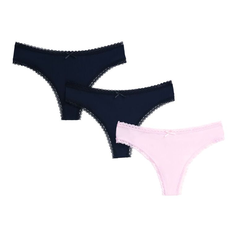 H&H Women's Micro and Lace G-String Briefs 3 Pack, Black/Pink, hi-res