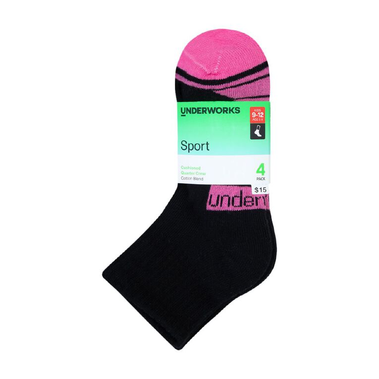 Underworks Kids' Quarter Crew Sport Socks 4 Pack, Black S25 GBL2, hi-res
