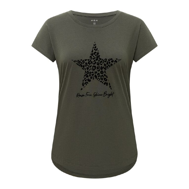 H&H Women's Short Sleeve Print Tee, Green Dark, hi-res