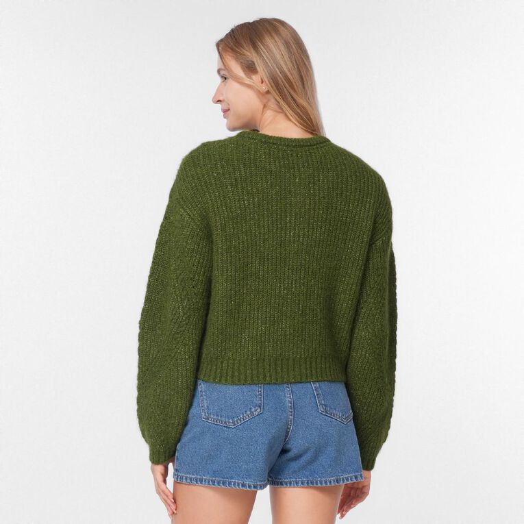 H&H Women's Fluffy Pointelle Knit Cardigan, Green Mid, hi-res