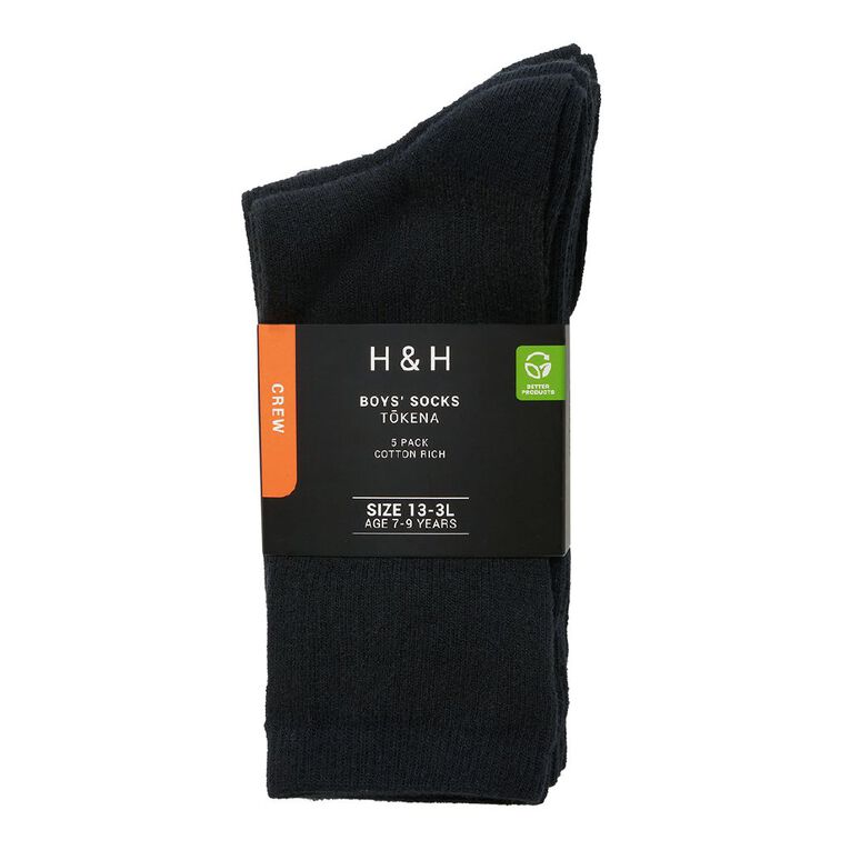 H&H Boys' Rib Crew Socks 5 Pack, Black, hi-res