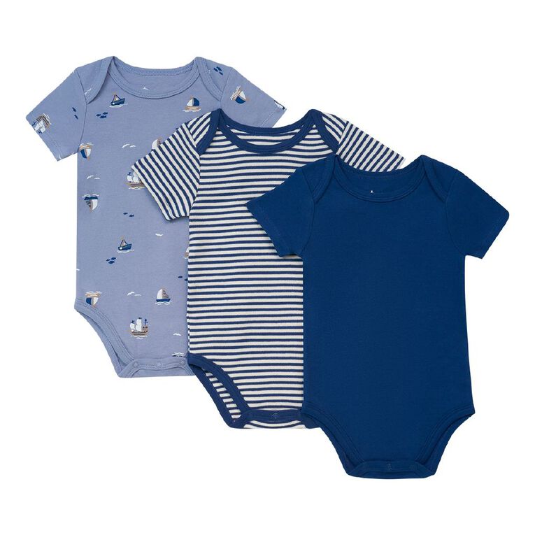 Young Original Babies' Short Sleeve Printed Bodysuit 3 Pack, Blue Light, hi-res