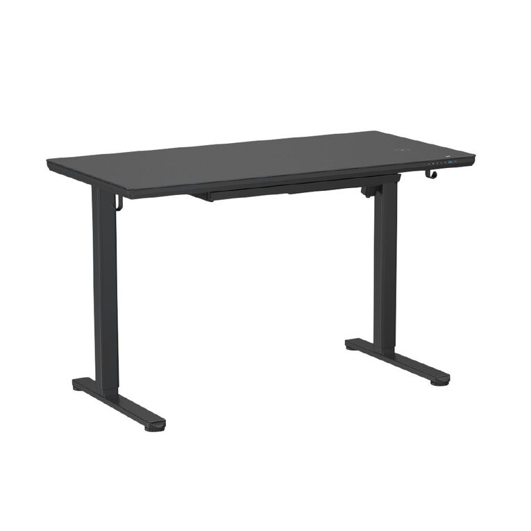 Workspace Height Adjustable Desk 1200W with Drawer Frosted Glass Black, , hi-res