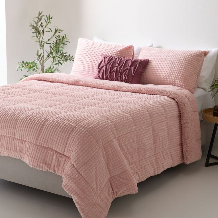 Living & Co 3 Piece Comforter Jacquard Waffle Pink Queen, , hi-res