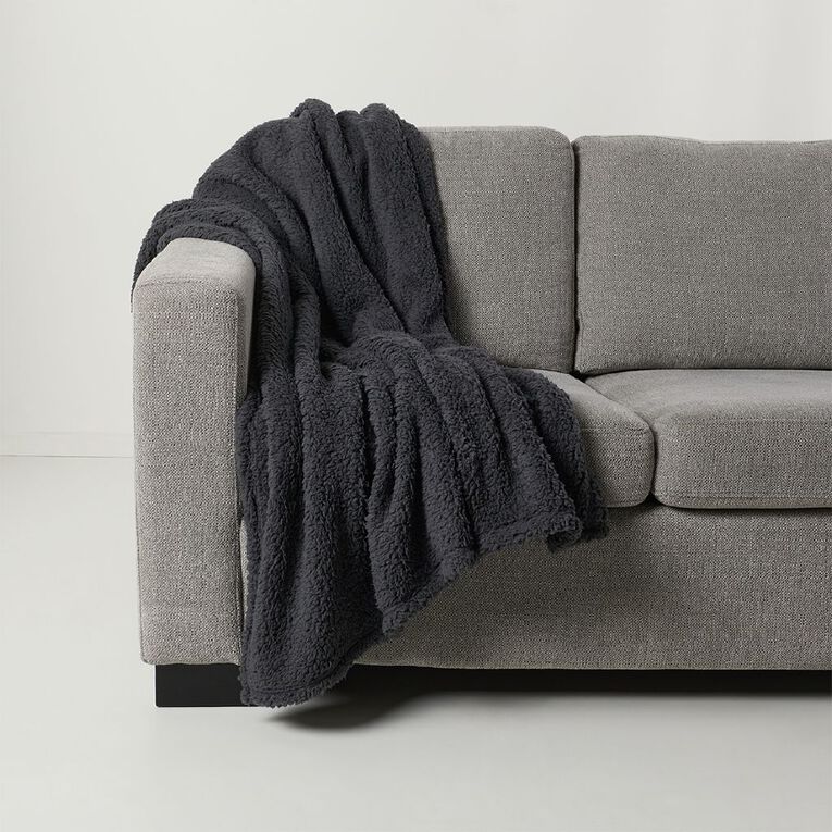 Living & Co Teddy Throw Charcoal 127cm x 152cm, Charcoal, hi-res