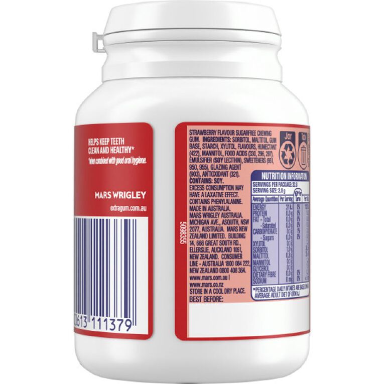 Extra Strawberry Sugar Free Chewing Gum Bottle 64g, , hi-res